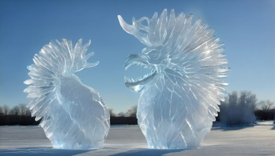 HQ,open mouth,outdoors,sky,teeth,day,tree,blue sky,pokemon (creature),no humans,sharp teeth,nature,scenery,snow,blue theme,monster,ice,dragon,winter,bare tree,sunrise