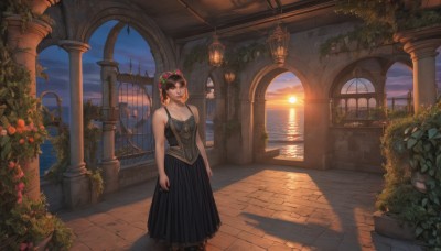 1girl,solo,breasts,looking at viewer,smile,short hair,bangs,skirt,brown hair,hair ornament,dress,cleavage,bare shoulders,brown eyes,standing,collarbone,flower,outdoors,sky,sleeveless,cloud,water,black dress,lips,window,ocean,sunlight,plant,building,scenery,camisole,sunset,long skirt,stairs,fantasy,arms at sides,railing,sun,horizon,potted plant,architecture,vines,pillar,twilight,arch,column,pavement,black hair,jewelry,medium breasts,ponytail,ivy