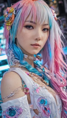 1girl,solo,long hair,breasts,looking at viewer,bangs,hair ornament,bare shoulders,brown eyes,jewelry,blue hair,upper body,pink hair,braid,white hair,multicolored hair,parted lips,choker,necklace,mole,blurry,twin braids,two-tone hair,lips,gradient hair,makeup,blurry background,gem,freckles,realistic,nose,white choker,artist name,black eyes,streaked hair,eyelashes,watermark,portrait,hair over shoulder,multiple braids