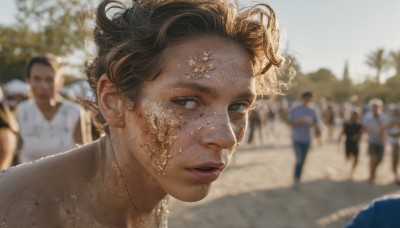 1girl,looking at viewer,short hair,brown hair,shirt,black hair,brown eyes,outdoors,parted lips,multiple boys,solo focus,day,blurry,tree,lips,depth of field,blurry background,portrait,freckles,realistic,nose,dirty,crowd,dirty face,multiple girls,jewelry,artist name,necklace,eyelashes,gold