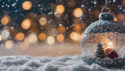 outdoors, signature, water, blurry, no humans, depth of field, scenery, snow, lantern, snowing, bokeh