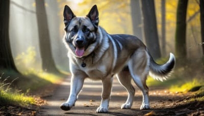 HQ,solo,looking at viewer,blue eyes,standing,full body,outdoors,day,tongue,signature,tongue out,blurry,tree,no humans,depth of field,blurry background,animal,leaf,grass,nature,forest,dog,realistic,animal focus,open mouth,collar,sunlight