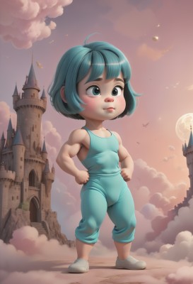 1girl,solo,blush,short hair,bangs,blue eyes,bare shoulders,closed mouth,blue hair,standing,full body,ahoge,small breasts,outdoors,sky,shoes,sleeveless,pants,artist name,cloud,signature,flat chest,aqua eyes,lips,aqua hair,muscular,bird,watermark,moon,white footwear,thick eyebrows,cloudy sky,tank top,child,full moon,hands on hips,female child,overalls,castle,night,smoke,realistic