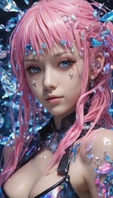 1girl,solo,long hair,breasts,looking at viewer,bangs,blue eyes,large breasts,cleavage,bare shoulders,jewelry,medium breasts,closed mouth,upper body,pink hair,earrings,lips,eyelashes,makeup,gem,crystal,realistic,nose,mascara,swimsuit,parted lips,bubble,water drop,air bubble