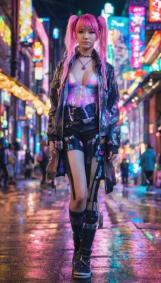 1girl,solo,long hair,breasts,looking at viewer,bangs,blue eyes,gloves,holding,cleavage,twintails,jewelry,medium breasts,standing,jacket,full body,weapon,pink hair,boots,outdoors,open clothes,solo focus,choker,belt,pants,fingerless gloves,necklace,black footwear,holding weapon,blurry,open jacket,lips,gun,thigh strap,blurry background,knee boots,holding gun,handgun,walking,realistic,leather,cyberpunk,neon lights,shorts,socks,nail polish,black jacket,short shorts,night,black shorts,building,rain,city,road,street