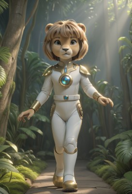 1girl,solo,looking at viewer,smile,short hair,bangs,brown hair,animal ears,brown eyes,jewelry,closed mouth,standing,full body,outdoors,day,belt,artist name,signature,armor,flat chest,tree,bodysuit,:3,sunlight,bob cut,grass,plant,shoulder armor,gem,child,nature,furry,forest,backlighting,walking,light rays,breastplate,furry female,female child,sunbeam,shoulder pads,white bodysuit,animal nose,shoes,leaf,bear ears,brown fur