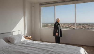 solo,short hair,shirt,long sleeves,1boy,standing,jacket,white hair,grey hair,male focus,necktie,sky,day,pants,indoors,black jacket,pillow,window,bed,profile,on bed,black pants,formal,suit,curtains,building,scenery,cityscape,bedroom,wide shot,photo background,white shirt,open clothes,from side,blue sky,facial hair,old,old man