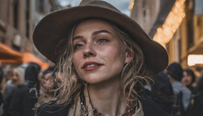 1girl,long hair,looking at viewer,smile,blue eyes,blonde hair,hat,jewelry,jacket,earrings,outdoors,parted lips,multiple boys,teeth,solo focus,day,medium hair,necklace,blurry,lips,depth of field,blurry background,looking up,lipstick,portrait,freckles,realistic,nose,red lips,cowboy hat,pearl necklace,crowd,people,mole,grin,makeup