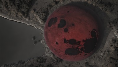 solo,monochrome,outdoors,no humans,blood,from above,moon,scenery,full moon,red theme,blood splatter,red moon,spot color