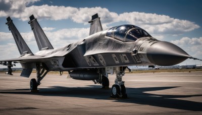 1boy,outdoors,sky,day,cloud,military,no humans,shadow,helmet,cloudy sky,scenery,flying,science fiction,realistic,aircraft,military vehicle,airplane,vehicle focus,jet,fighter jet,pilot,watercraft,ship,bomb,missile