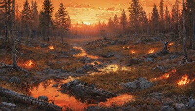 outdoors,sky,cloud,water,tree,no humans,cloudy sky,grass,fire,nature,scenery,forest,reflection,sunset,rock,mountain,sun,ruins,bare tree,river,landscape,orange sky,orange theme,burning,molten rock,campfire