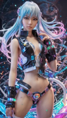 1girl,solo,long hair,breasts,looking at viewer,bangs,hair ornament,thighhighs,gloves,navel,cleavage,brown eyes,medium breasts,blue hair,standing,pink hair,multicolored hair,cowboy shot,small breasts,open clothes,midriff,fingerless gloves,nail polish,lips,gradient hair,single thighhigh,zipper,science fiction,realistic,unzipped,bare shoulders,white hair,black gloves,vest,grey eyes,revealing clothes