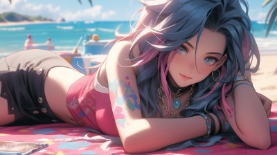 1girl,solo,long hair,breasts,looking at viewer,blush,smile,bangs,shirt,black hair,navel,cleavage,bare shoulders,jewelry,medium breasts,closed mouth,blue hair,pink hair,multicolored hair,earrings,outdoors,lying,sky,shorts,sleeveless,solo focus,choker,day,midriff,cloud,virtual youtuber,water,necklace,stomach,nail polish,blurry,bracelet,two-tone hair,tree,blue sky,lips,streaked hair,crop top,parted bangs,grey eyes,bare arms,short shorts,sleeveless shirt,tattoo,makeup,depth of field,blurry background,ocean,black choker,on side,beach,black shorts,on stomach,towel,pink shirt,hoop earrings,pink lips,sand,bangle,arm tattoo,mascara,beach towel,flower tattoo,blue eyes,phone,cellphone,smartphone,palm tree