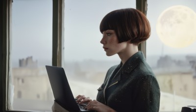 1girl,solo,short hair,bangs,brown hair,holding,brown eyes,jewelry,closed mouth,upper body,indoors,blunt bangs,nail polish,blurry,from side,cup,lips,window,profile,depth of field,blurry background,moon,bob cut,black nails,full moon,freckles,realistic,nose,shirt,black hair,sky,black shirt,ring,wedding ring,computer,dirty,laptop,tablet pc