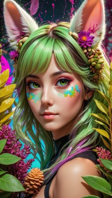 1girl,solo,long hair,looking at viewer,bangs,hair ornament,animal ears,bare shoulders,closed mouth,green eyes,upper body,flower,multicolored hair,green hair,artist name,hair flower,from side,lips,animal ear fluff,eyelashes,gradient hair,makeup,leaf,facial mark,plant,lipstick,portrait,eyeshadow,freckles,pink lips,realistic,nose,purple flower,eyeliner,facepaint,mascara,sleeveless,fox ears,thick eyebrows,web address,pink flower,yellow flower,paint splatter