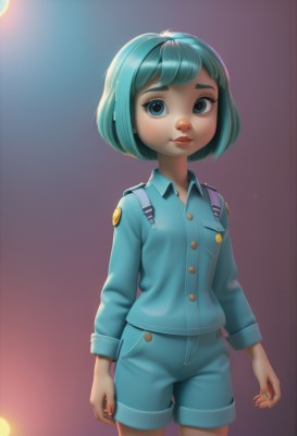 1girl,solo,looking at viewer,smile,short hair,bangs,blue eyes,shirt,long sleeves,closed mouth,blue hair,standing,cowboy shot,parted lips,shorts,collared shirt,artist name,bag,nail polish,blurry,lips,fingernails,gradient,gradient background,short shorts,eyelashes,aqua hair,makeup,buttons,blurry background,bob cut,thick eyebrows,blue shirt,lipstick,backlighting,freckles,blue shorts,pocket,nose,arms at sides,female child,humanization,green hair,child,bandaid