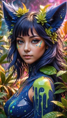 1girl,solo,long hair,breasts,looking at viewer,bangs,black hair,hair ornament,animal ears,brown eyes,medium breasts,closed mouth,green eyes,blue hair,upper body,flower,artist name,cat ears,hair flower,blurry,from side,lips,eyelashes,makeup,depth of field,blurry background,leaf,watermark,facial mark,plant,web address,eyeshadow,freckles,pink lips,nose,eyeliner,facepaint,mascara,shirt,outdoors,blunt bangs,animal ear fluff,blue shirt,yellow flower,bodypaint,paint splatter