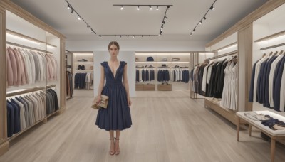 1girl,solo,breasts,looking at viewer,short hair,brown hair,dress,holding,cleavage,brown eyes,jewelry,standing,shoes,barefoot,sleeveless,indoors,bag,high heels,bed,sleeveless dress,blue dress,chair,sandals,table,wooden floor,handbag,realistic,anklet,clothes hanger,small breasts,nail polish,formal,scenery,toenails,toenail polish,wide shot