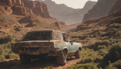 outdoors,tree,no humans,grass,ground vehicle,nature,scenery,motor vehicle,forest,mountain,car,road,vehicle focus,landscape,truck,rock