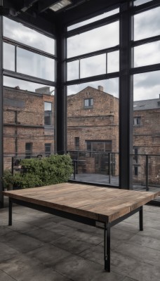 outdoors,sky,day,cloud,indoors,tree,no humans,window,table,cloudy sky,plant,building,scenery,door,bench,bush,house