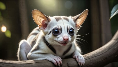 HQ,solo,looking at viewer,blue eyes,outdoors,tongue,tongue out,blurry,tree,no humans,depth of field,blurry background,animal,cat,feathers,nature,claws,realistic,branch,animal focus,mouse,whiskers,open mouth,brown eyes,black eyes,leaf,watermark,web address