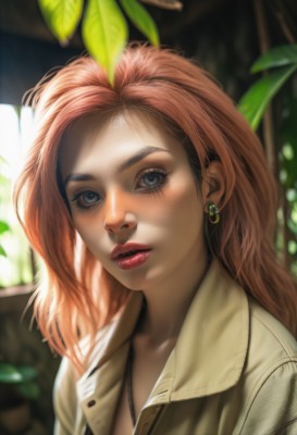 1girl,solo,long hair,looking at viewer,blue eyes,brown hair,shirt,jewelry,upper body,red hair,earrings,parted lips,teeth,necklace,orange hair,mole,blurry,lips,grey eyes,eyelashes,makeup,blurry background,leaf,plant,lipstick,portrait,freckles,realistic,nose,red lips,collarbone,jacket,day,artist name,mole under eye,depth of field,watermark,sunlight,web address,dappled sunlight