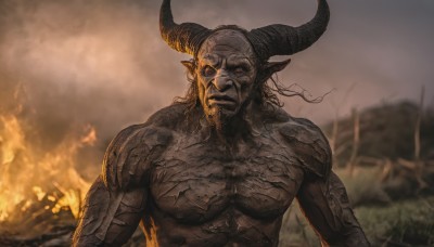 solo,long hair,looking at viewer,red eyes,1boy,closed mouth,upper body,male focus,outdoors,horns,pointy ears,blurry,tattoo,muscular,blurry background,colored skin,facial hair,fire,demon horns,beard,scar,topless male,grey skin,burning