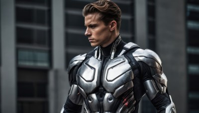 solo,short hair,brown hair,1boy,closed mouth,upper body,male focus,armor,blurry,looking to the side,bodysuit,profile,blurry background,science fiction,realistic,cyborg,power armor,building,serious