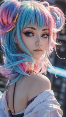 1girl,solo,looking at viewer,bangs,blue eyes,shirt,bare shoulders,closed mouth,blue hair,white shirt,upper body,pink hair,multicolored hair,looking back,artist name,medium hair,off shoulder,hair bun,from behind,blurry,two-tone hair,lips,looking to the side,eyelashes,double bun,makeup,blurry background,chain,eyeshadow,realistic,nose,mascara,short hair,hair ornament,jewelry,sidelocks,earrings,signature,necklace,from side,gradient hair,depth of field,thick eyebrows,lipstick,portrait,pink lips