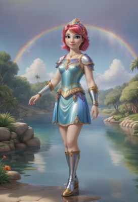 1girl,solo,breasts,looking at viewer,smile,short hair,bangs,blue eyes,skirt,shirt,hair ornament,dress,jewelry,medium breasts,closed mouth,standing,collarbone,full body,pink hair,flower,red hair,small breasts,boots,outdoors,sky,sleeveless,day,belt,artist name,cloud,signature,medium hair,water,necklace,armor,black eyes,high heels,tree,blue sky,lips,blue skirt,makeup,blue dress,swept bangs,watermark,knee boots,grass,tiara,blue shirt,plant,lipstick,shoulder armor,gem,nature,web address,pauldrons,rock,pink lips,nose,vambraces,armored boots,bracer,shoulder pads,rainbow,puddle,pond,deviantart username,sparkle,leaf,curly hair