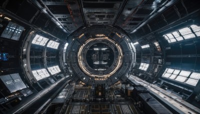 indoors,dutch angle,no humans,window,building,scenery,science fiction,spacecraft,english text,machinery,realistic,cable,space,planet