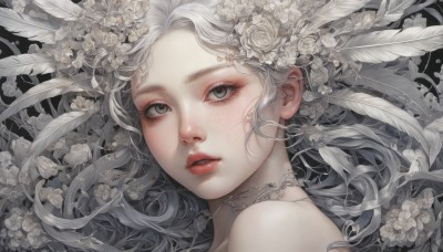 1girl,solo,long hair,looking at viewer,simple background,hair ornament,bare shoulders,jewelry,flower,white hair,parted lips,choker,hair flower,lips,grey eyes,eyelashes,makeup,feathers,white flower,black background,portrait,freckles,red lips,feather hair ornament,white rose,grey hair,eyeshadow,realistic