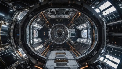 dutch angle,no humans,window,from above,building,scenery,machinery,science fiction,cable,spacecraft,solo,indoors,floating,space,planet,cockpit