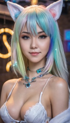 1girl,solo,long hair,breasts,looking at viewer,smile,bangs,blue eyes,hair ornament,animal ears,cleavage,bare shoulders,jewelry,medium breasts,closed mouth,underwear,blue hair,collarbone,upper body,multicolored hair,cat ears,necklace,off shoulder,bra,blurry,two-tone hair,lips,grey eyes,fur trim,fox ears,eyelashes,aqua hair,gradient hair,makeup,blurry background,gem,pendant,eyeshadow,freckles,white bra,realistic,nose,mascara,blonde hair,cat tail,fake animal ears