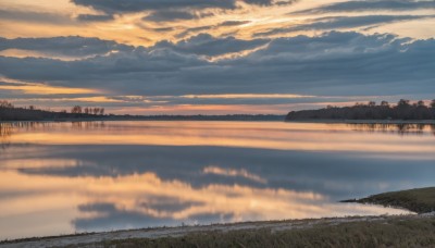 outdoors,sky,cloud,water,tree,blue sky,no humans,cloudy sky,grass,nature,scenery,forest,reflection,sunset,horizon,river,evening,landscape,reflective water,day,field,lake