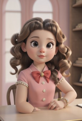 1girl,solo,long hair,looking at viewer,smile,brown hair,dress,bow,brown eyes,jewelry,sitting,upper body,braid,short sleeves,parted lips,indoors,bowtie,blurry,red bow,bracelet,lips,book,window,buttons,blurry background,wavy hair,chair,table,child,pink dress,freckles,curly hair,female child,pencil,blush,bangs,shirt,eyelashes,depth of field,pink bow,brooch,red bowtie,desk,pink shirt,nose,on chair