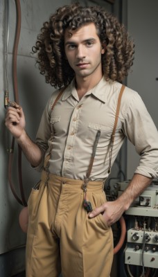 1girl,solo,long hair,looking at viewer,blue eyes,brown hair,shirt,black hair,long sleeves,1boy,holding,standing,white shirt,male focus,cowboy shot,parted lips,collared shirt,pants,dark skin,lips,buttons,facial hair,suspenders,sleeves rolled up,freckles,science fiction,curly hair,pocket,hand in pocket,realistic,nose,overalls,cable,breast pocket,brown pants,cyborg,wire,afro,watermark,web address,dirty,arm hair