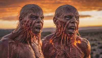 open mouth,1boy,upper body,male focus,outdoors,multiple boys,sky,teeth,cloud,2boys,blurry,blood,blurry background,fire,sunset,monster,realistic,bald,molten rock,parody,what,burning