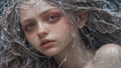 1girl,solo,long hair,looking at viewer,brown hair,brown eyes,grey hair,parted lips,teeth,water,lips,wet,eyelashes,portrait,close-up,freckles,realistic,nose,bare shoulders,blurry,floating hair,water drop