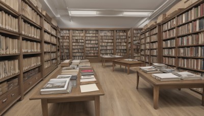 indoors,book,no humans,chair,table,scenery,desk,wooden floor,paper,bookshelf,shelf,book stack,library,ceiling,ladder