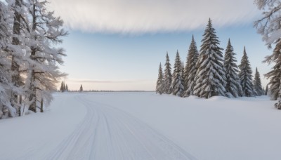 outdoors,sky,day,cloud,signature,tree,blue sky,no humans,building,nature,scenery,snow,forest,mountain,winter,bare tree,landscape,pine tree,horizon,lake