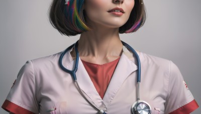 1girl,solo,short hair,simple background,brown hair,shirt,black hair,collarbone,upper body,pink hair,short sleeves,multicolored hair,parted lips,green hair,teeth,grey background,two-tone hair,lips,streaked hair,gradient,gradient background,headphones,bob cut,red shirt,close-up,zipper,realistic,head out of frame,red lips,nurse,stethoscope,artist name,makeup,pocket,nose,breast pocket,badge,doctor