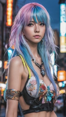 1girl,solo,long hair,breasts,looking at viewer,bangs,navel,cleavage,brown eyes,jewelry,medium breasts,underwear,blue hair,upper body,pink hair,multicolored hair,earrings,outdoors,midriff,necklace,bra,blurry,two-tone hair,lips,blurry background,floral print,armlet,realistic,bare shoulders,parted lips,crop top,tattoo,makeup,night,depth of field,watermark,lipstick