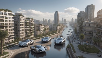 outdoors,sky,day,cloud,water,tree,blue sky,no humans,ground vehicle,building,scenery,motor vehicle,reflection,city,car,road,cityscape,ruins,vehicle focus,street,skyscraper,real world location,sports car