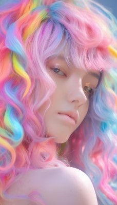 1girl,solo,long hair,looking at viewer,bangs,blue eyes,bare shoulders,closed mouth,blue hair,upper body,pink hair,multicolored hair,looking back,artist name,signature,from behind,lips,eyelashes,wavy hair,half-closed eyes,portrait,realistic,nose,rainbow hair,blurry,watermark,close-up,colorful