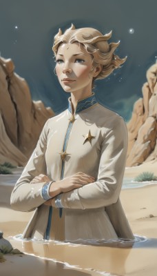 1girl,solo,looking at viewer,smile,short hair,blue eyes,blonde hair,long sleeves,1boy,closed mouth,standing,upper body,male focus,outdoors,sky,water,lips,night,beach,crossed arms,star (sky),wading,partially submerged,rock,realistic,nose,sand,white robe,breasts,blush,jewelry,moon,freckles,very short hair