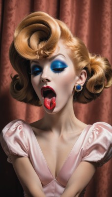 1girl,solo,breasts,short hair,open mouth,blue eyes,blonde hair,dress,cleavage,jewelry,medium breasts,collarbone,closed eyes,upper body,short sleeves,earrings,small breasts,teeth,tongue,puffy sleeves,tongue out,white dress,puffy short sleeves,eyelashes,saliva,makeup,fangs,lipstick,eyeshadow,curly hair,realistic,red lips,eyeliner,mascara,tongue piercing,oral invitation,uvula,brown hair,lips