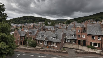 outdoors,sky,day,cloud,tree,no humans,window,cloudy sky,grass,building,nature,scenery,forest,stairs,mountain,door,road,bush,house,street,path,town,chimney,landscape