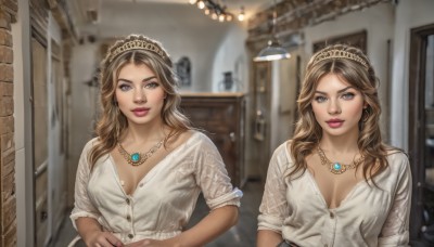 1girl,long hair,breasts,looking at viewer,smile,blue eyes,blonde hair,brown hair,shirt,dress,cleavage,jewelry,medium breasts,upper body,earrings,indoors,necklace,white dress,blurry,lips,grey eyes,makeup,tiara,lipstick,reflection,mirror,realistic,multiple girls,2girls,parted lips,crown