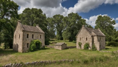 flower,outdoors,sky,day,cloud,tree,blue sky,no humans,window,cloudy sky,grass,building,nature,scenery,forest,bush,house,rock,door,wall,ruins,path,stone